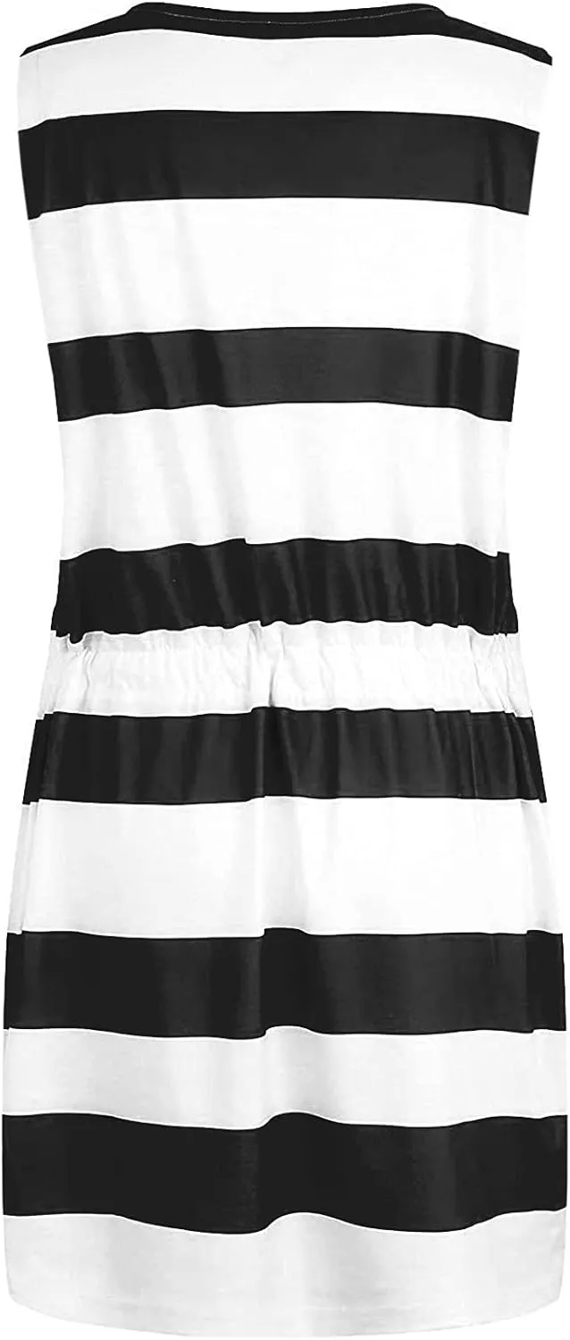 Tank Top Dresses for Women Summer V Neck Sleeveless Drawstring Mini Sundress with Pocket Cute Beach Skort Dress