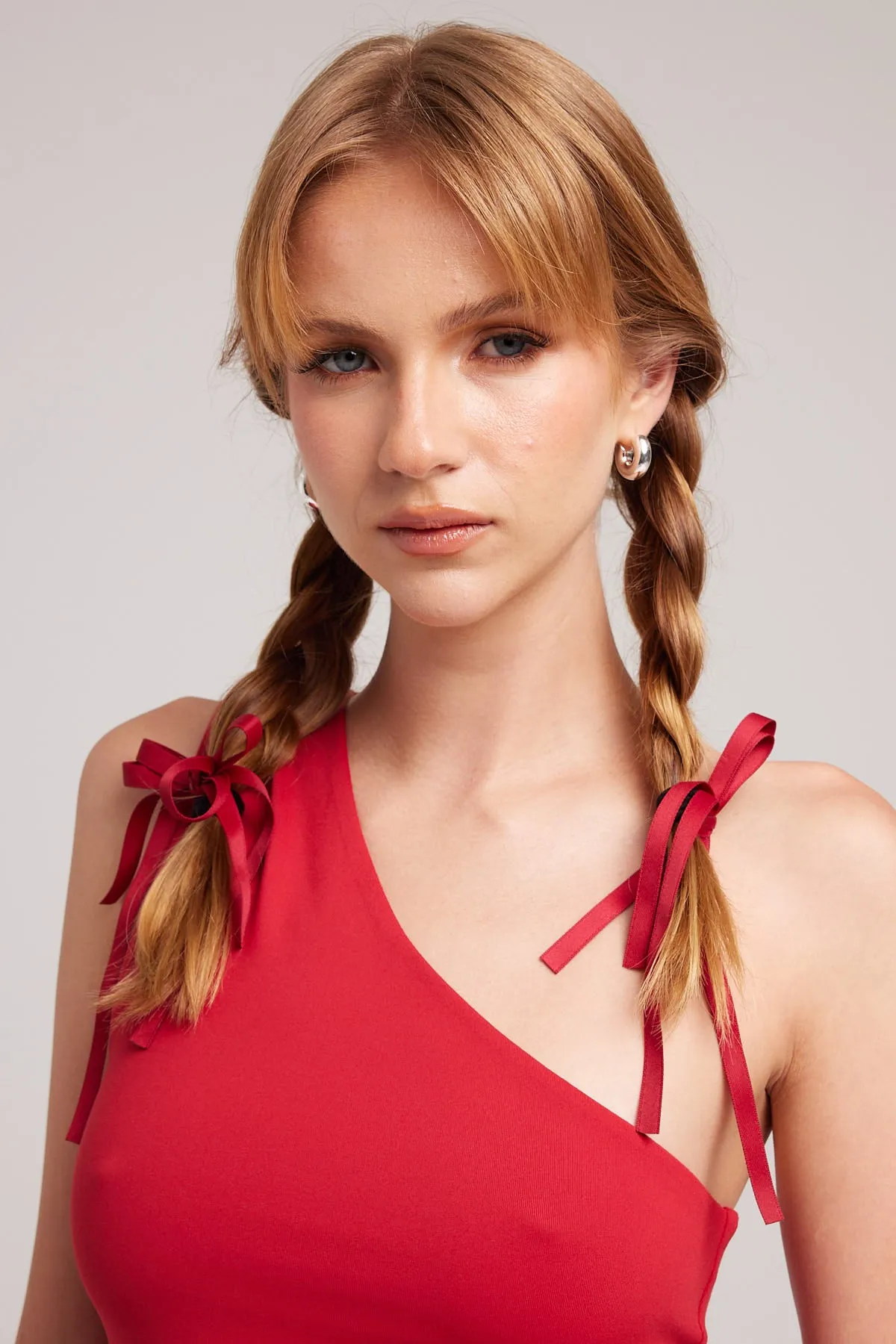 Token Double Layer Satin Bow Hairties Red