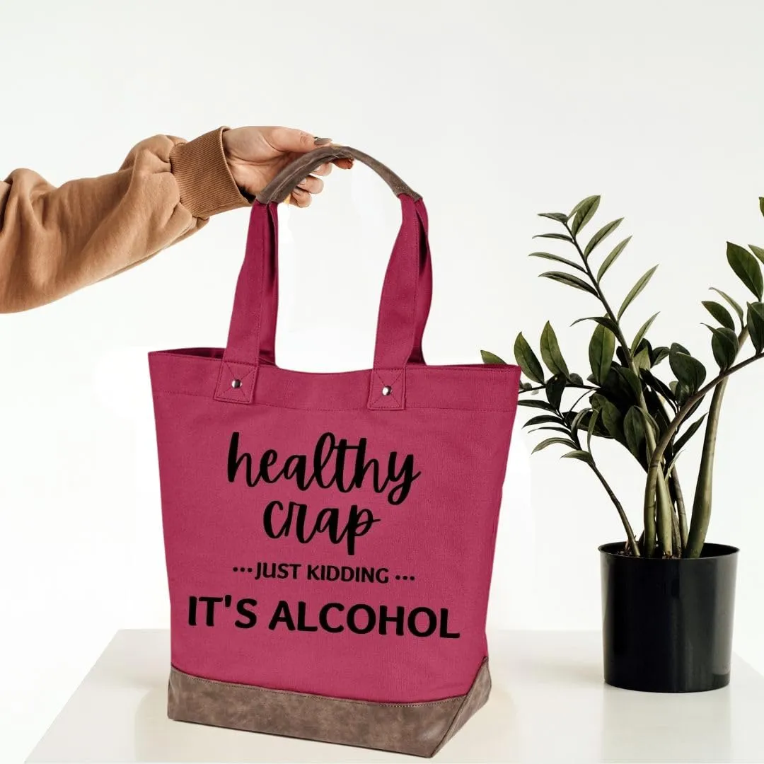 tote bag for women, canvas, grocery, beach, reusable, all occasion tote bag "Healthy crap" (One Size, Cranberry)