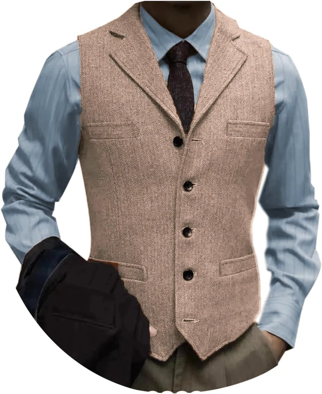 Tuikayoo Men's Tweed Suit Vintage Vest Herringbone Wool Prom Waistcoat Groomsmen