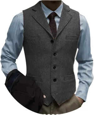 Tuikayoo Men's Tweed Suit Vintage Vest Herringbone Wool Prom Waistcoat Groomsmen