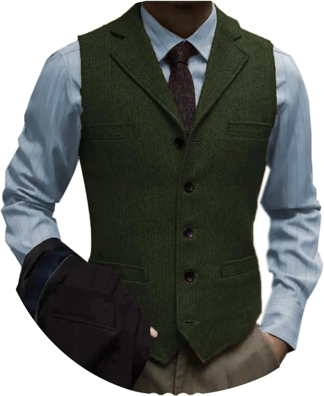 Tuikayoo Men's Tweed Suit Vintage Vest Herringbone Wool Prom Waistcoat Groomsmen