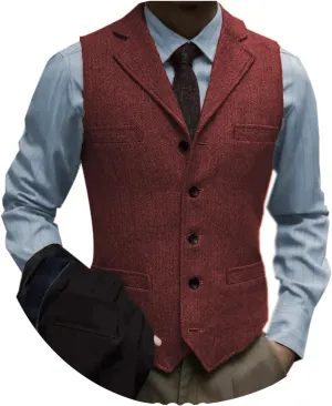 Tuikayoo Men's Tweed Suit Vintage Vest Herringbone Wool Prom Waistcoat Groomsmen