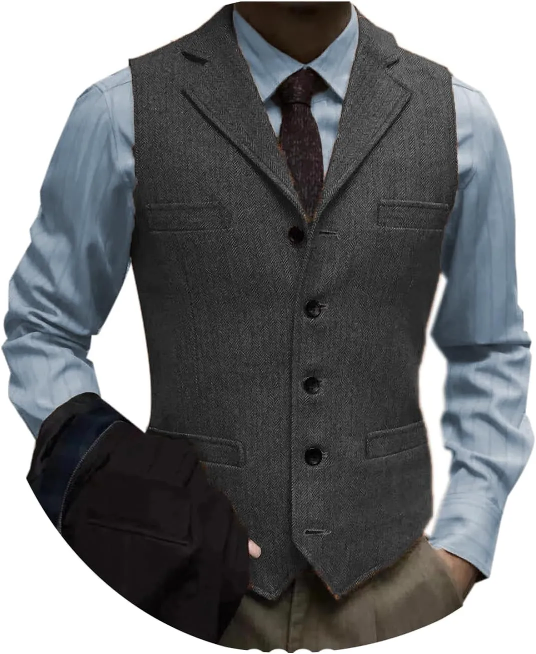Tuikayoo Men's Tweed Suit Vintage Vest Herringbone Wool Prom Waistcoat Groomsmen