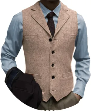 Tuikayoo Men's Tweed Suit Vintage Vest Herringbone Wool Prom Waistcoat Groomsmen