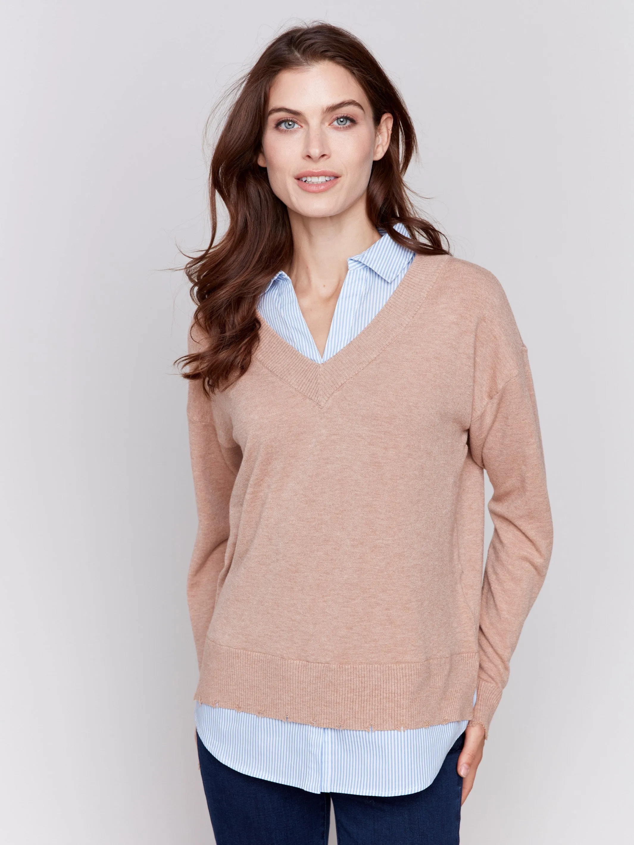 V-Neck Fooler Sweater With Shirt Collar - Caramel - H-Caramel