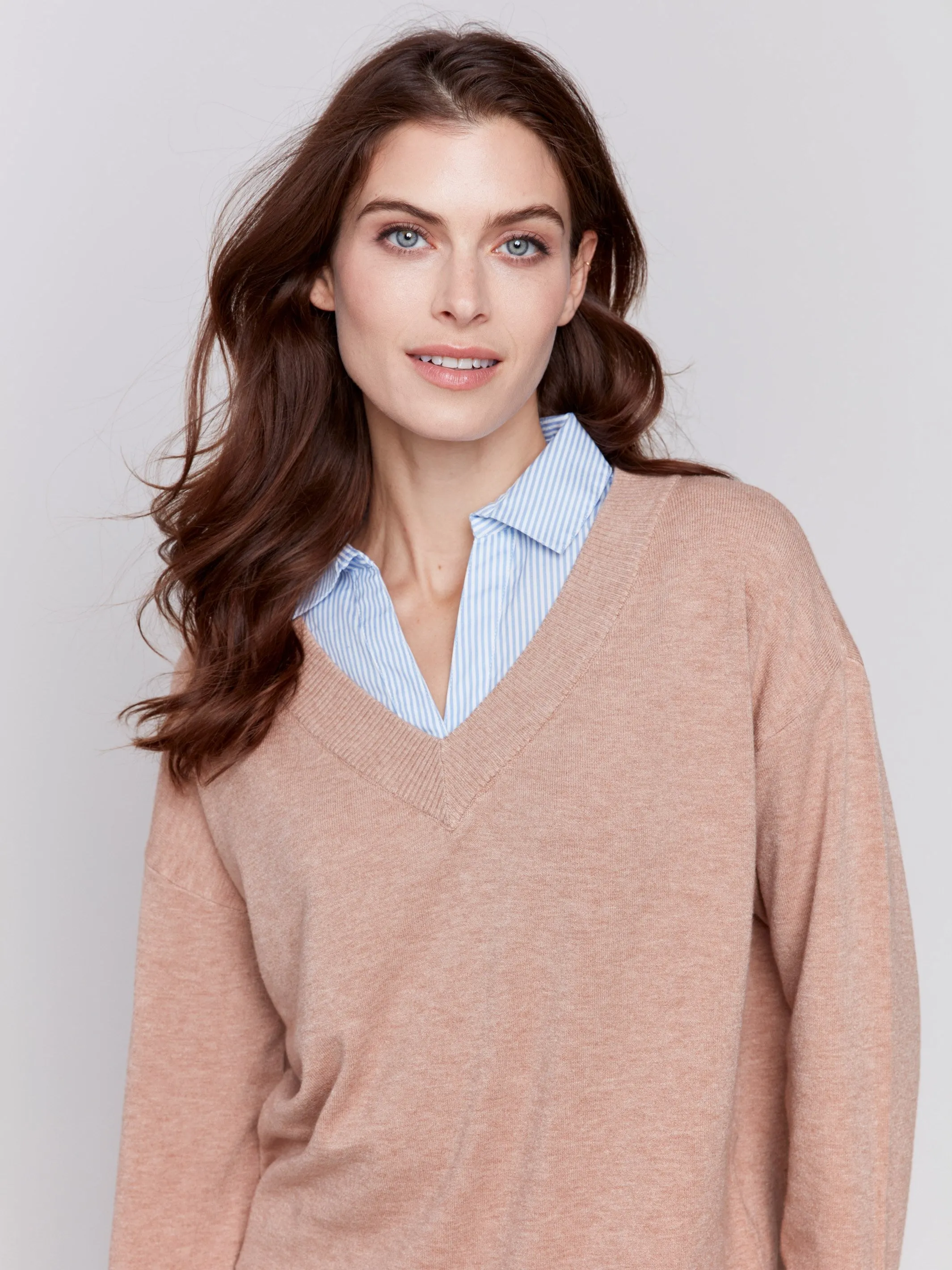 V-Neck Fooler Sweater With Shirt Collar - Caramel - H-Caramel