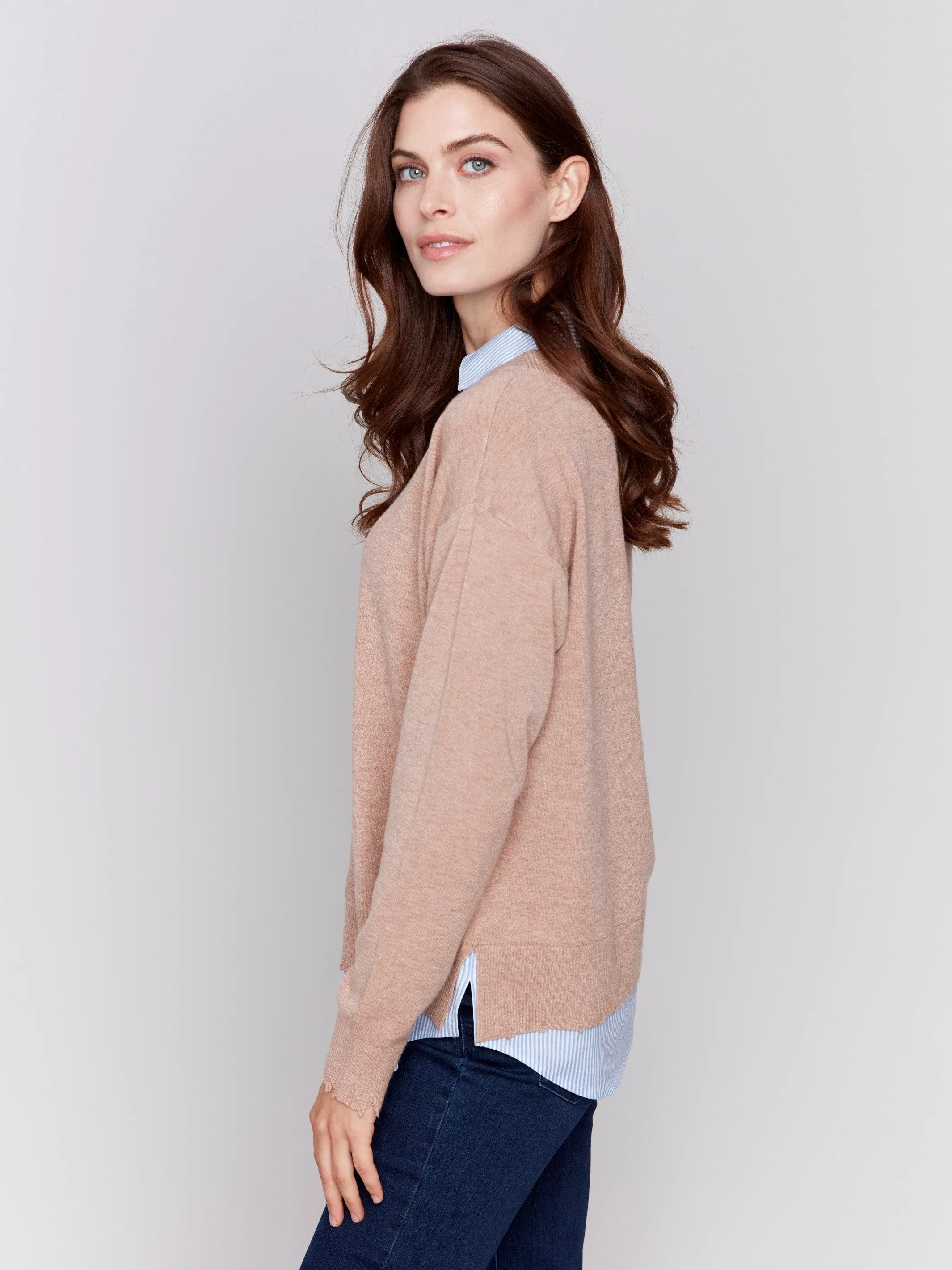 V-Neck Fooler Sweater With Shirt Collar - Caramel - H-Caramel