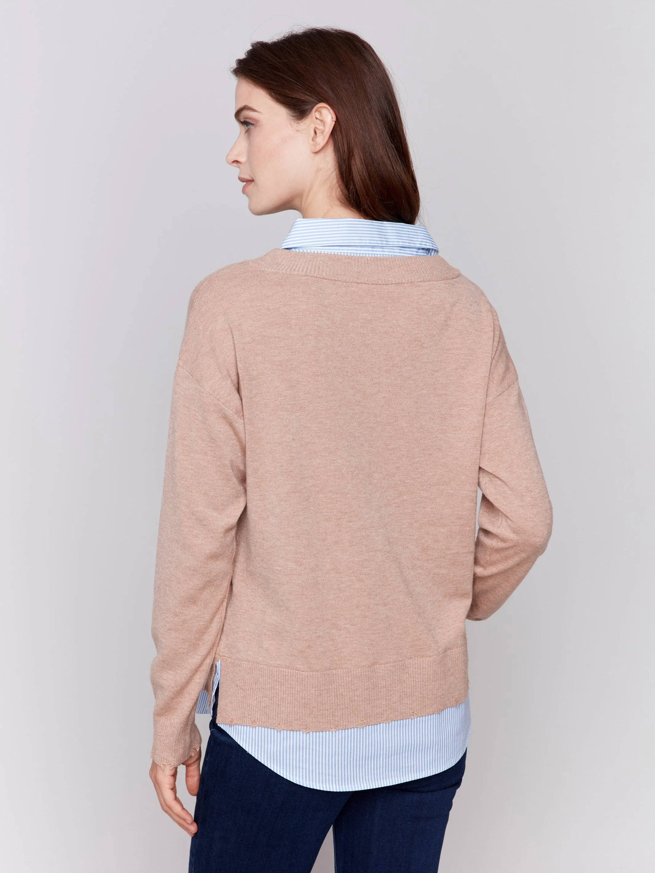 V-Neck Fooler Sweater With Shirt Collar - Caramel - H-Caramel