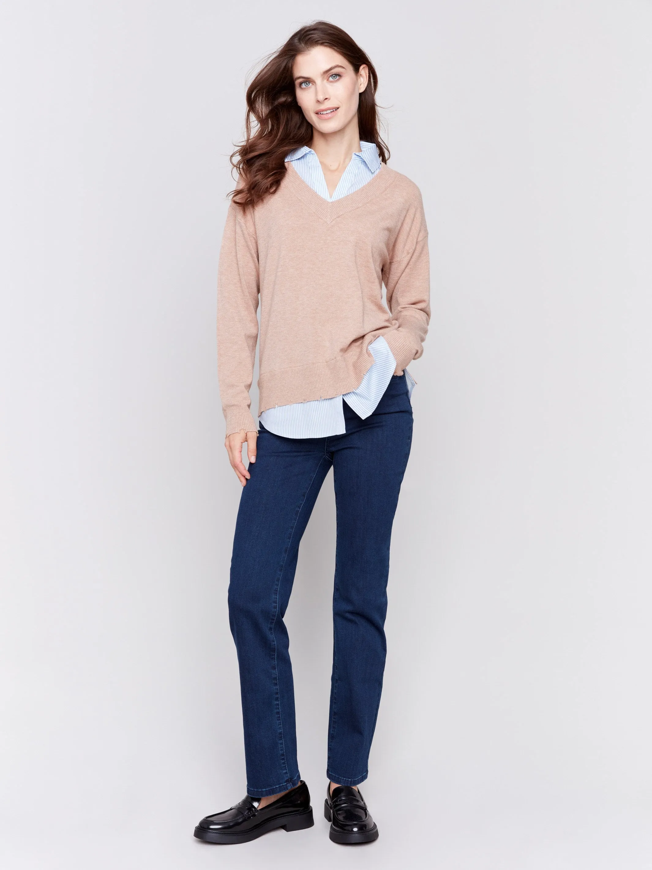 V-Neck Fooler Sweater With Shirt Collar - Caramel - H-Caramel