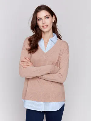 V-Neck Fooler Sweater With Shirt Collar - Caramel - H-Caramel