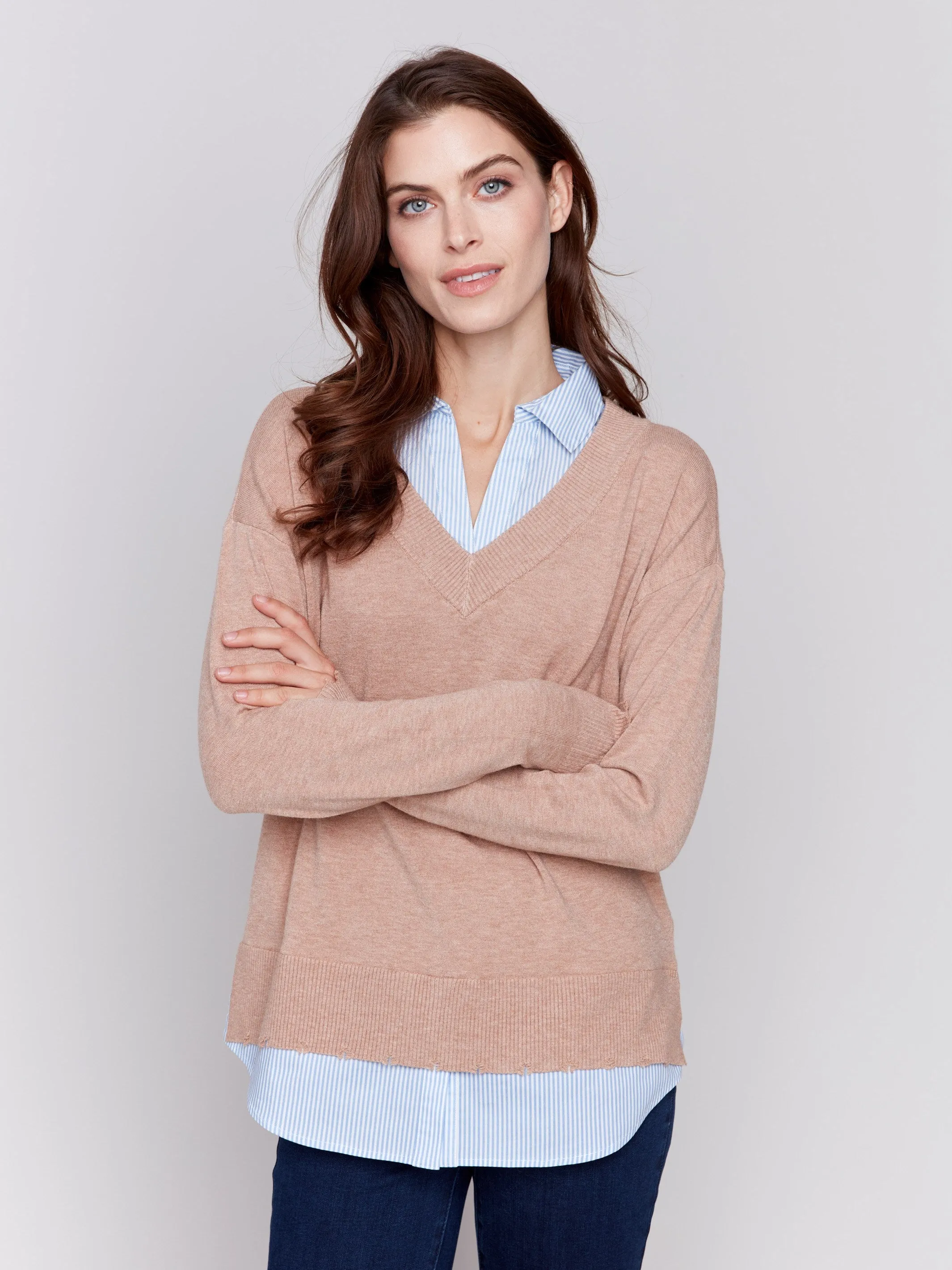 V-Neck Fooler Sweater With Shirt Collar - Caramel - H-Caramel