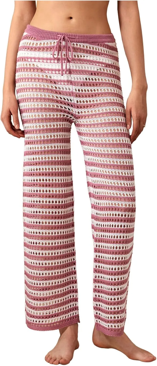 Verdusa Women's Hollow Out Crochet Knit Striped High Waist Swimwear Cover Up Pants