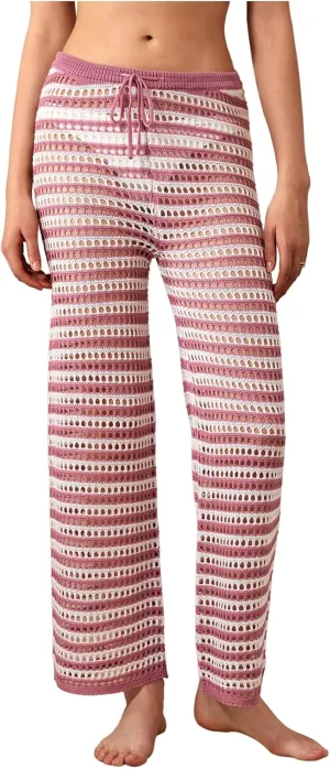 Verdusa Women's Hollow Out Crochet Knit Striped High Waist Swimwear Cover Up Pants
