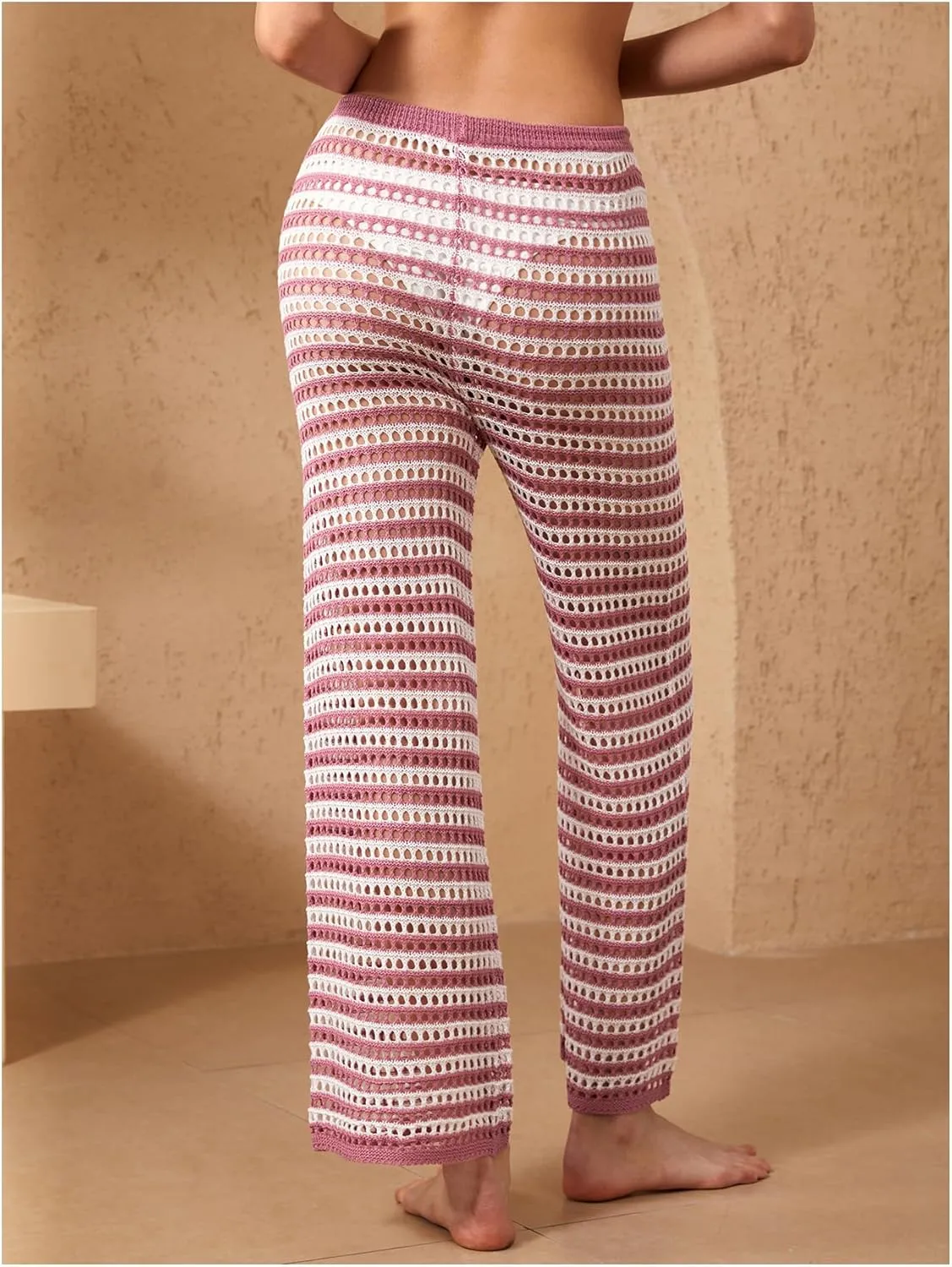 Verdusa Women's Hollow Out Crochet Knit Striped High Waist Swimwear Cover Up Pants