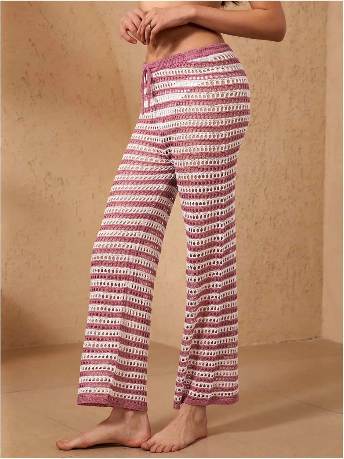 Verdusa Women's Hollow Out Crochet Knit Striped High Waist Swimwear Cover Up Pants