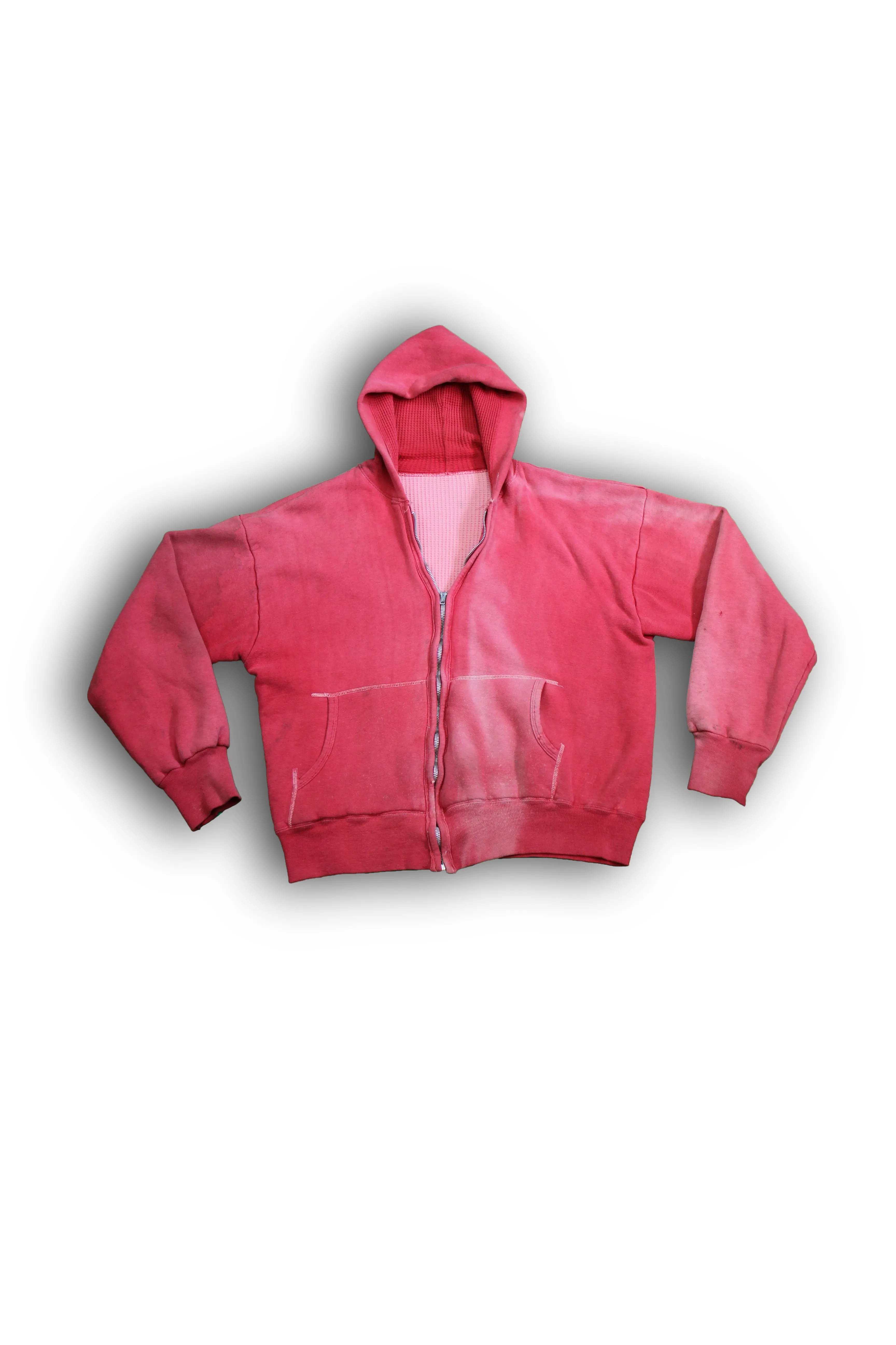 Vintage 1950/1960s Faded Red Thermal Zip-up Hooded Sweatshirt