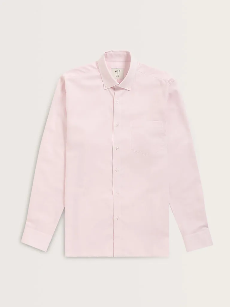 WES Formals Light Pink Solid Slim-Fit Cotton Shirt