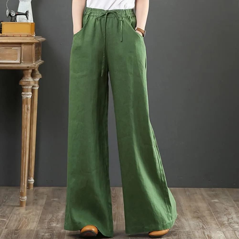 Wide Leg Trousers for Women Loose Fit Cotton Linen Elastic High Waist Pants with Pockets