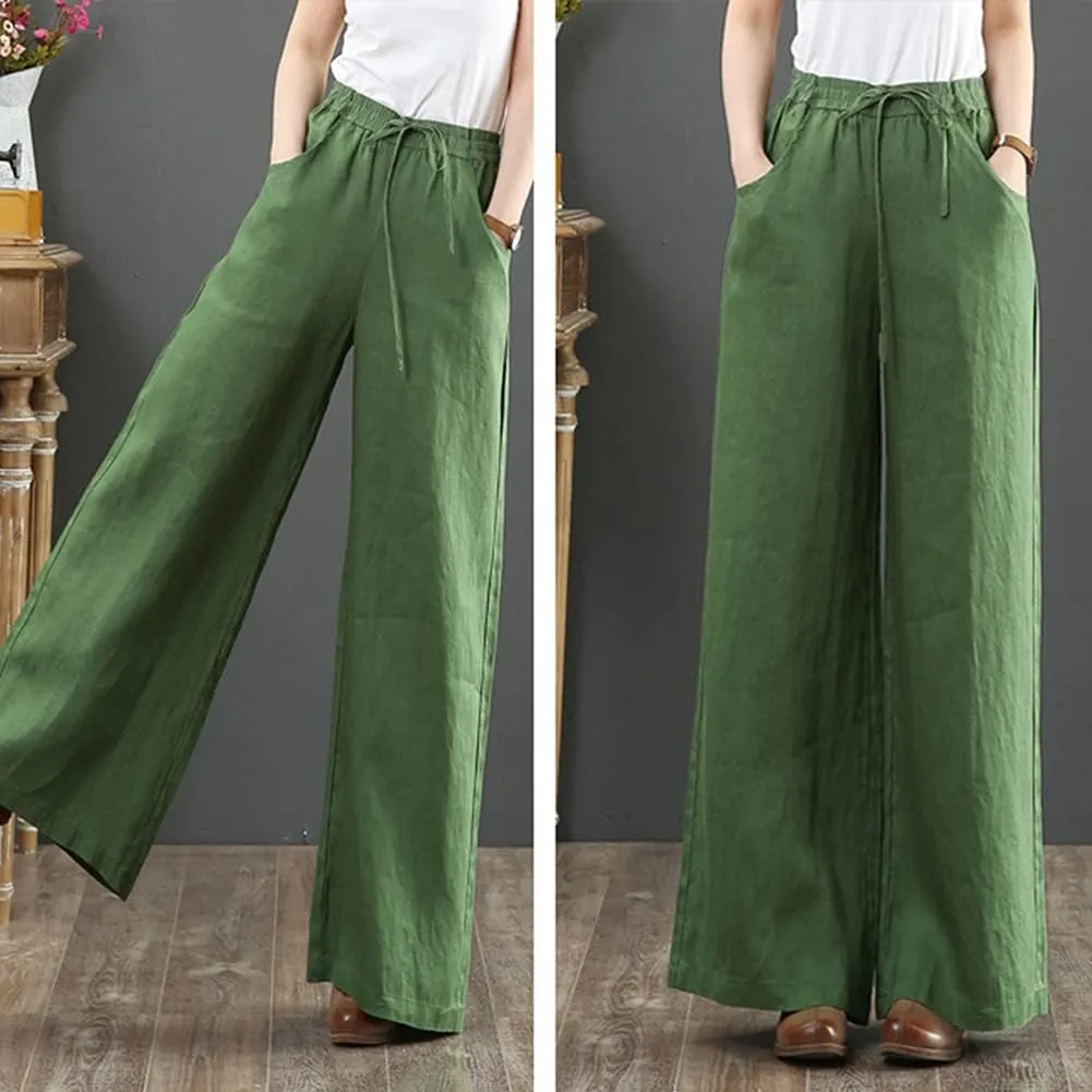 Wide Leg Trousers for Women Loose Fit Cotton Linen Elastic High Waist Pants with Pockets