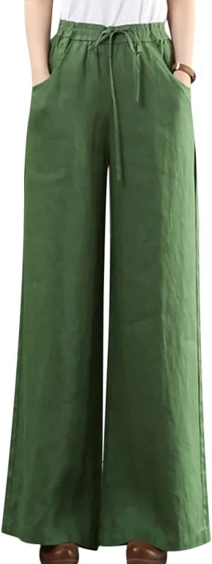 Wide Leg Trousers for Women Loose Fit Cotton Linen Elastic High Waist Pants with Pockets