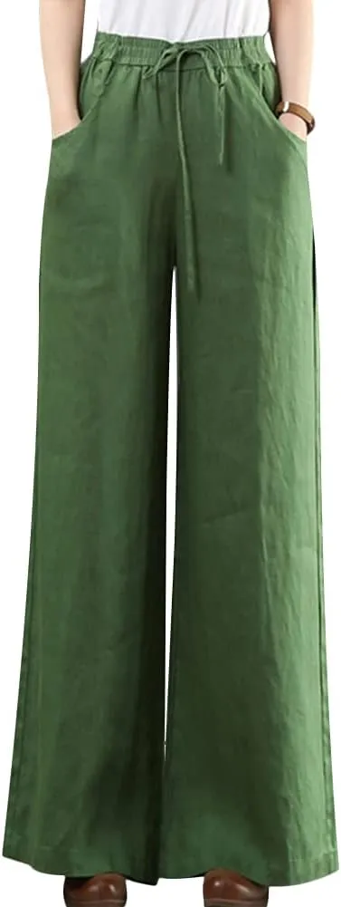Wide Leg Trousers for Women Loose Fit Cotton Linen Elastic High Waist Pants with Pockets