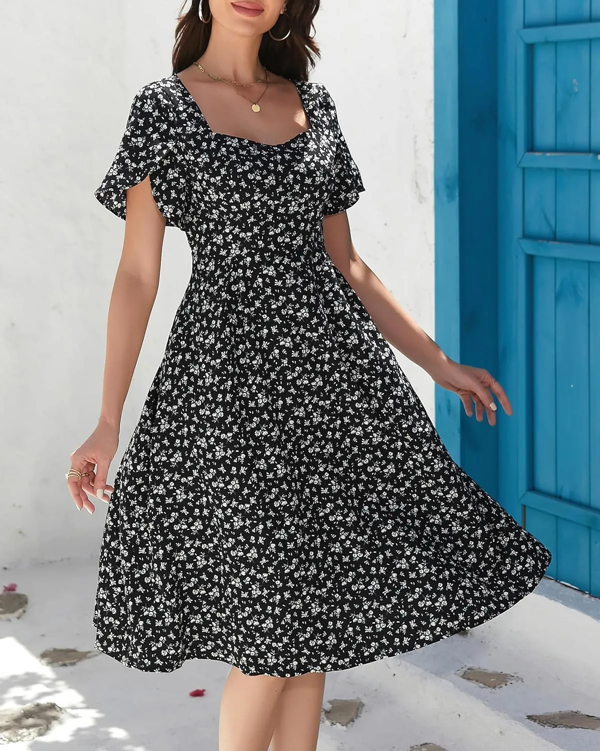 Women Summer Casual Dress 2025 Floral Dress Short Sleeve Square Neck Boho Beach Midi Sundress