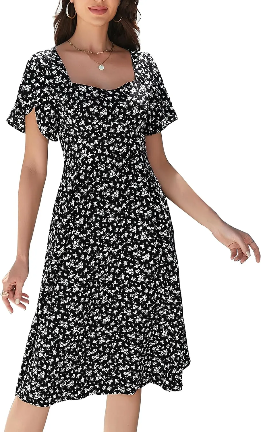 Women Summer Casual Dress 2025 Floral Dress Short Sleeve Square Neck Boho Beach Midi Sundress