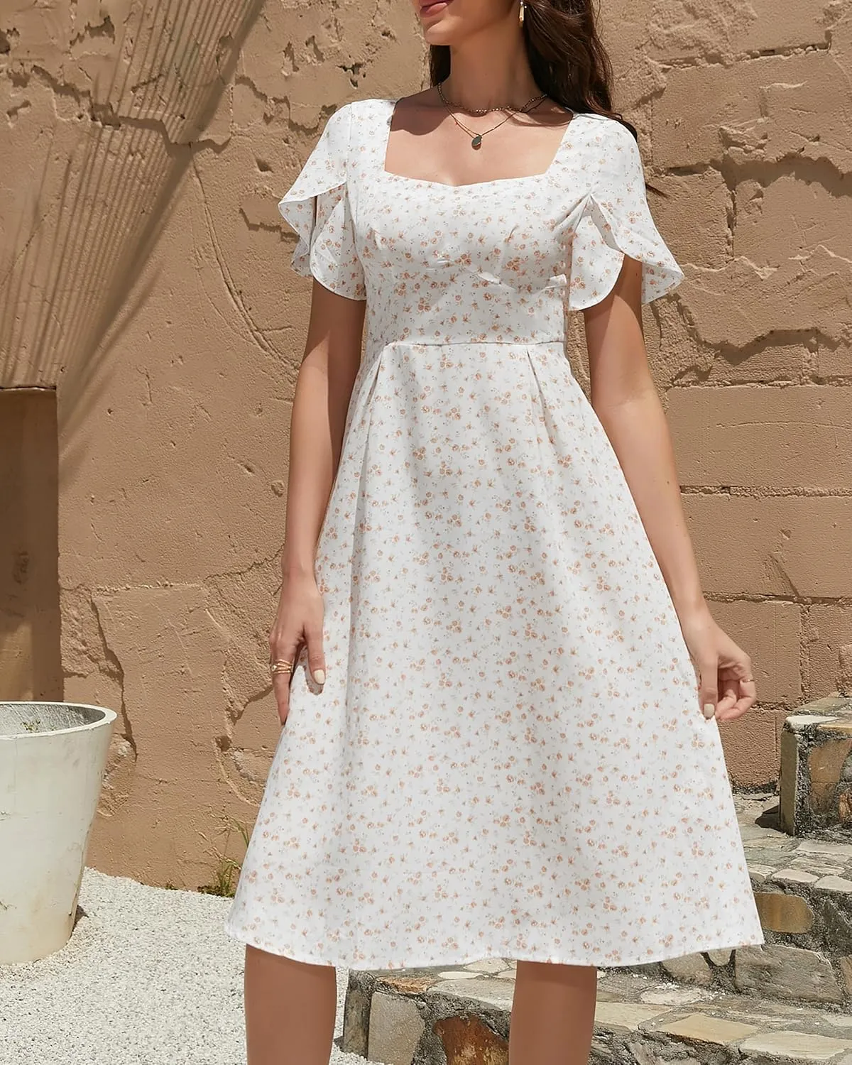 Women Summer Casual Dress 2025 Floral Dress Short Sleeve Square Neck Boho Beach Midi Sundress