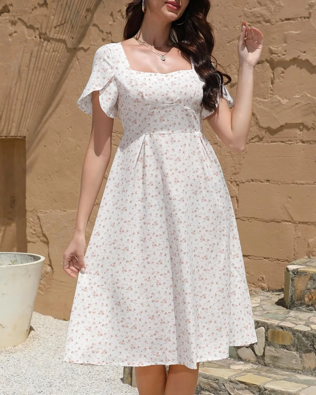 Women Summer Casual Dress 2025 Floral Dress Short Sleeve Square Neck Boho Beach Midi Sundress