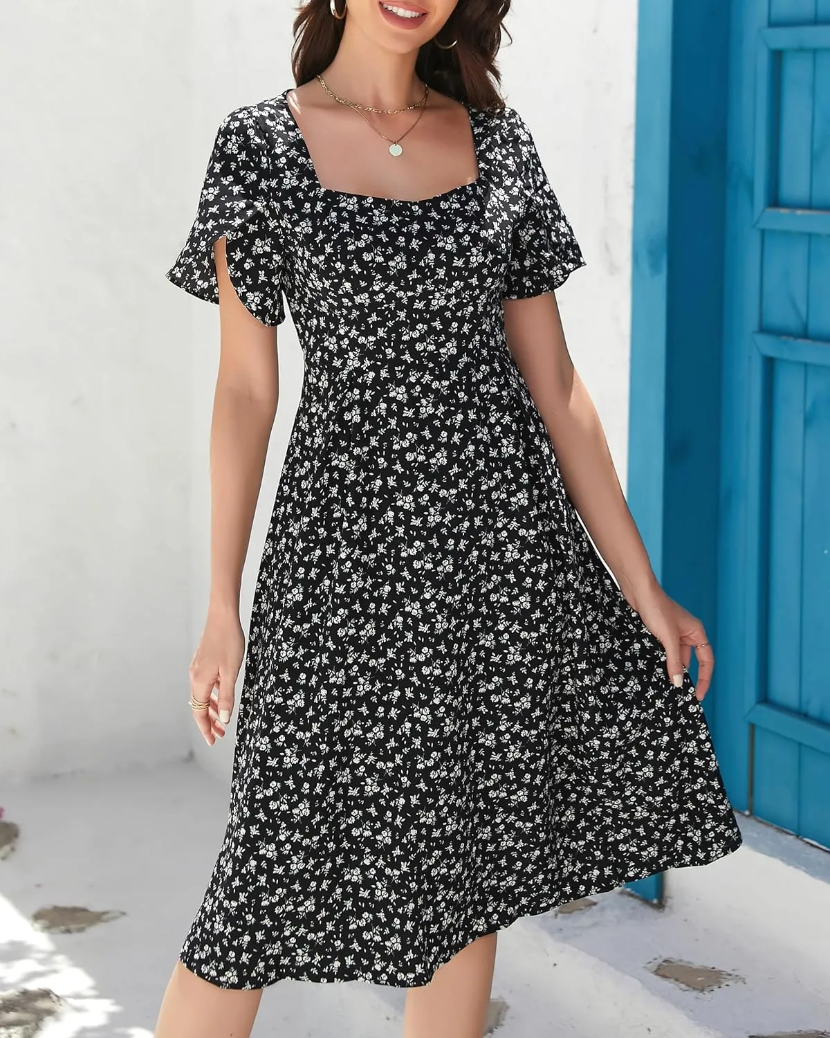 Women Summer Casual Dress 2025 Floral Dress Short Sleeve Square Neck Boho Beach Midi Sundress
