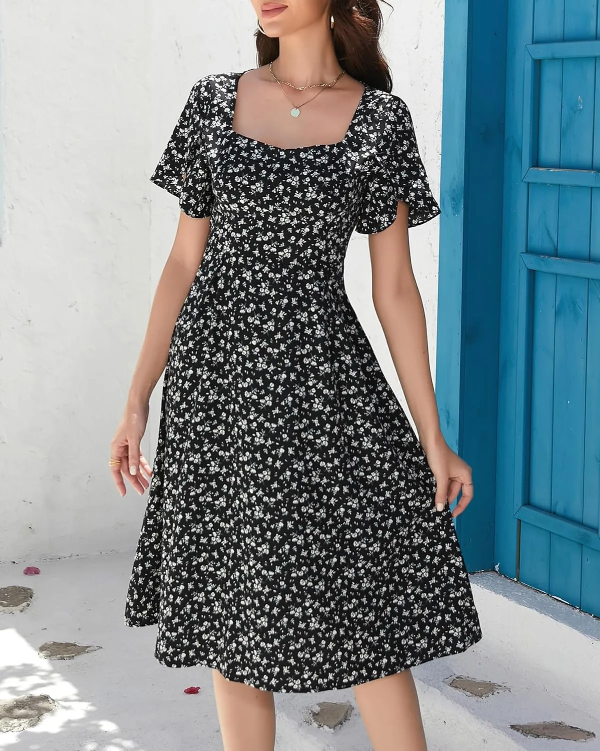 Women Summer Casual Dress 2025 Floral Dress Short Sleeve Square Neck Boho Beach Midi Sundress