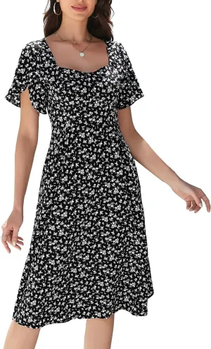 Women Summer Casual Dress 2025 Floral Dress Short Sleeve Square Neck Boho Beach Midi Sundress