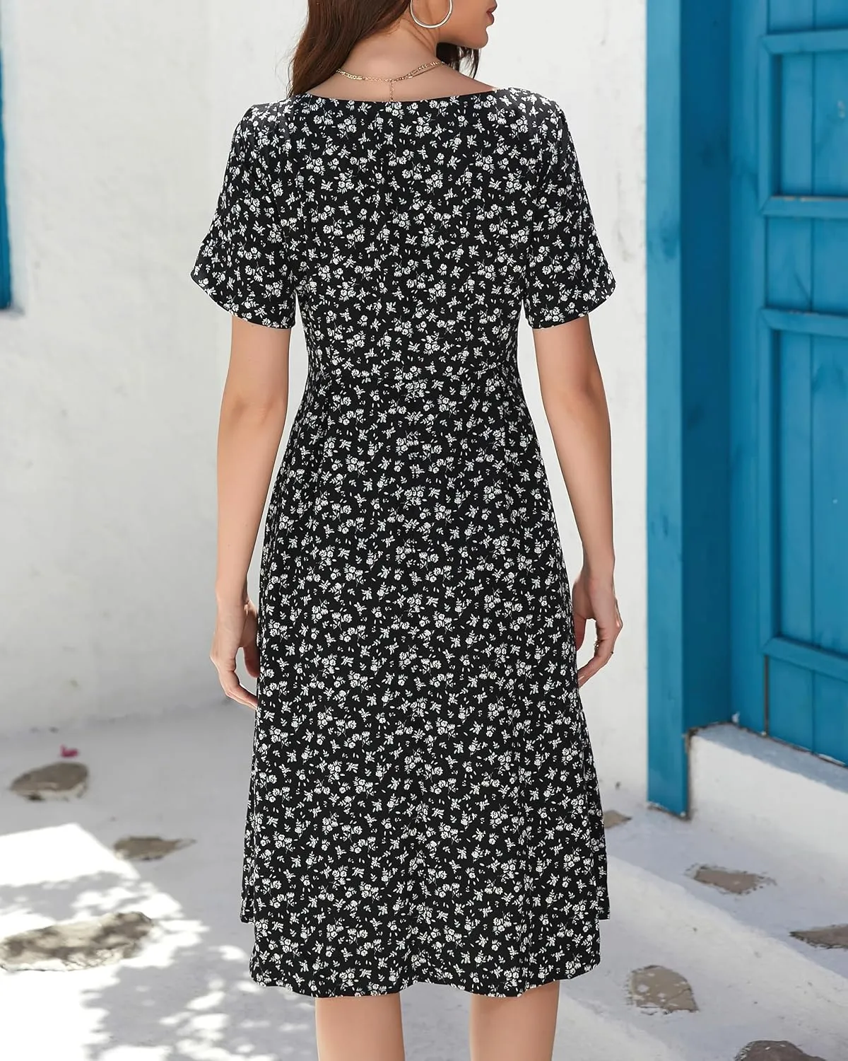 Women Summer Casual Dress 2025 Floral Dress Short Sleeve Square Neck Boho Beach Midi Sundress