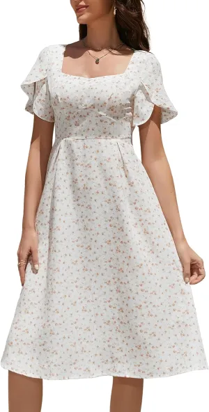 Women Summer Casual Dress 2025 Floral Dress Short Sleeve Square Neck Boho Beach Midi Sundress