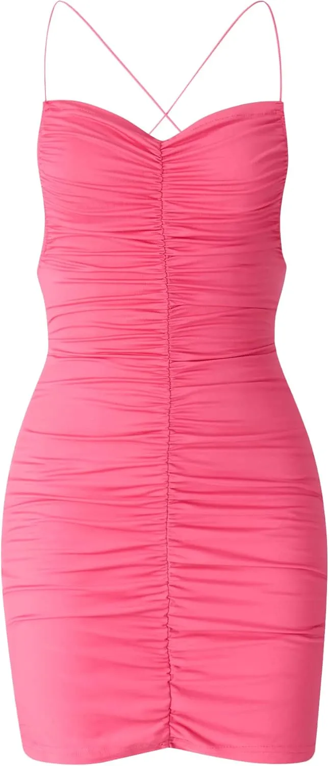 Women y2k Bodycon Mini Dress Spaghetti Strap Cami Dress Backless 3D Floral Ruffle Short Dresses