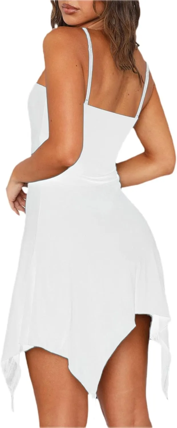 Women y2k Bodycon Mini Dress Spaghetti Strap Cami Dress Backless 3D Floral Ruffle Short Dresses