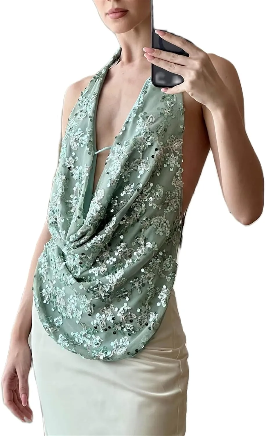Women Y2k Sparkly Floral Sequin Halter Cowl Neck Beaded Vest Sexy Glitter Rhinestone Backless Embellished Rave Camisole