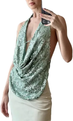 Women Y2k Sparkly Floral Sequin Halter Cowl Neck Beaded Vest Sexy Glitter Rhinestone Backless Embellished Rave Camisole