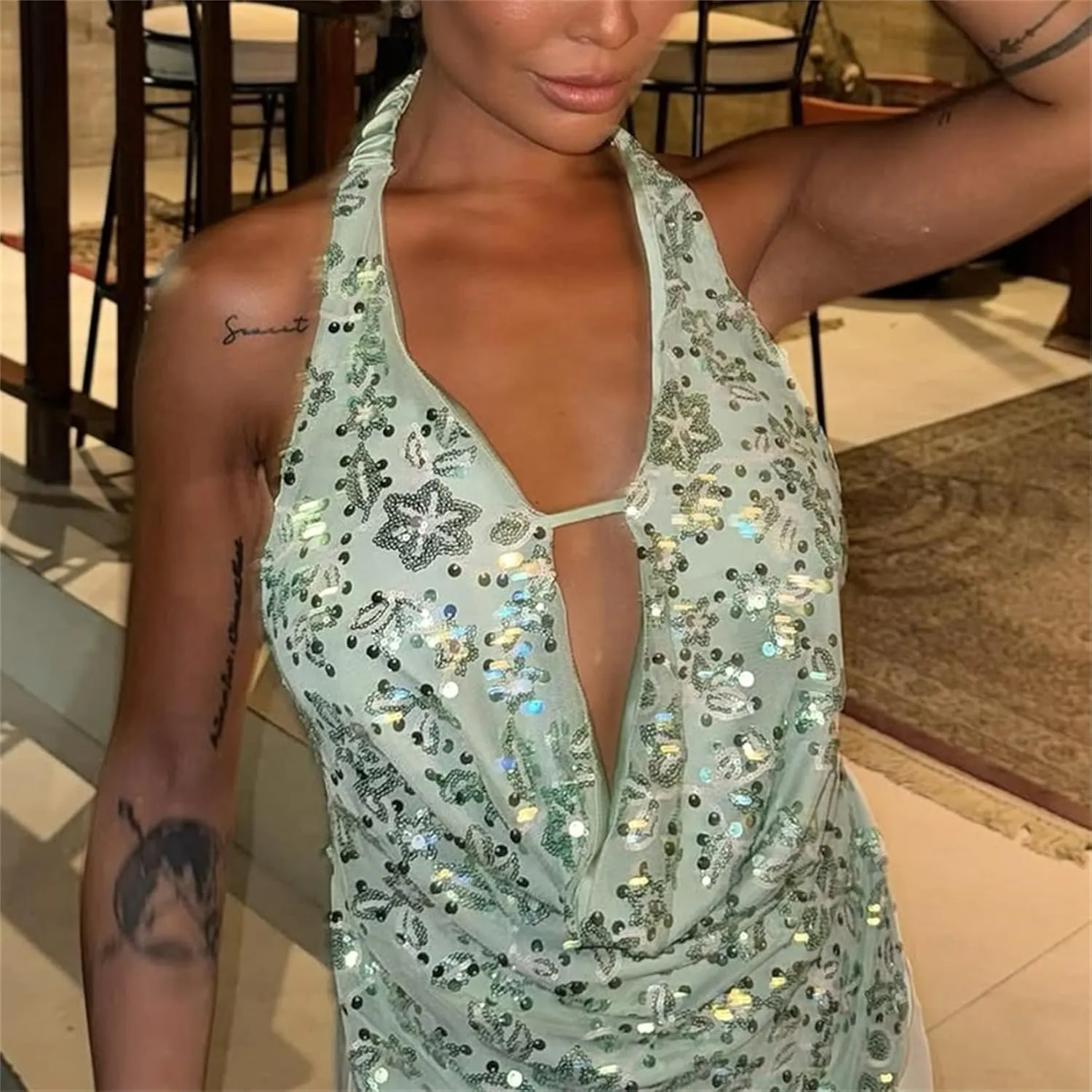 Women Y2k Sparkly Floral Sequin Halter Cowl Neck Beaded Vest Sexy Glitter Rhinestone Backless Embellished Rave Camisole