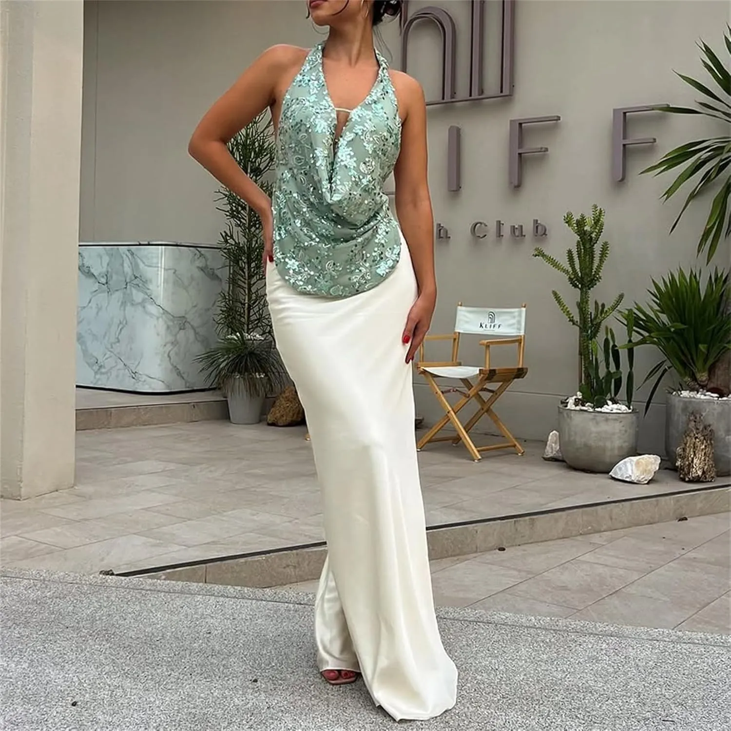 Women Y2k Sparkly Floral Sequin Halter Cowl Neck Beaded Vest Sexy Glitter Rhinestone Backless Embellished Rave Camisole