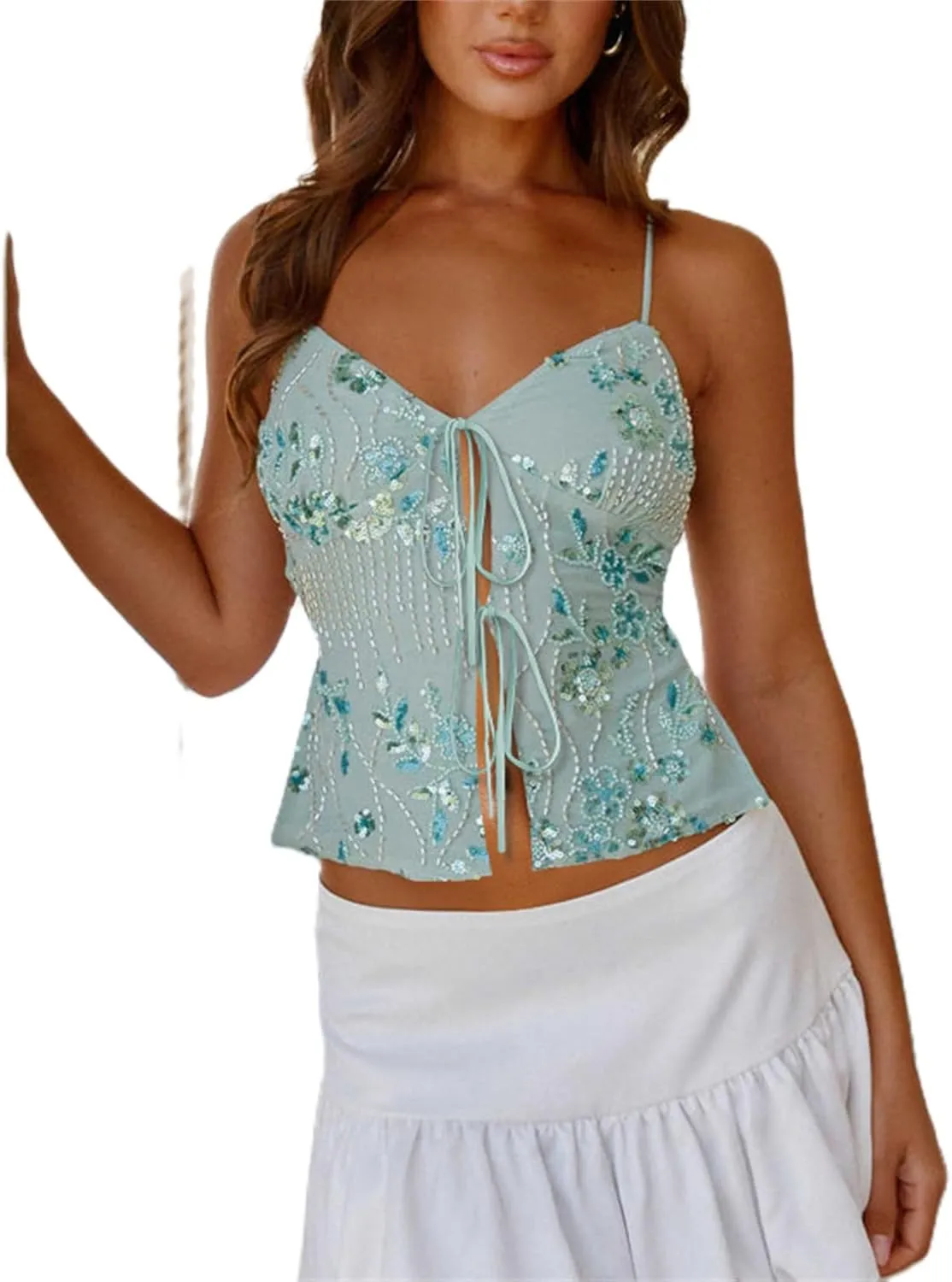 Women Y2k Sparkly Sequin Halter Beaded Camisole Cute Glitter Rhinestone Spaghetti Strap Backless Criss Cross Cami Top