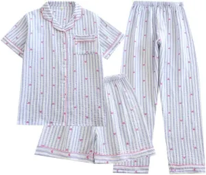 Womens 3pcs Pajamas Set Heart Print Short Sleeve Sleepwear Cute Pj Sets with Shorts and Long Pants
