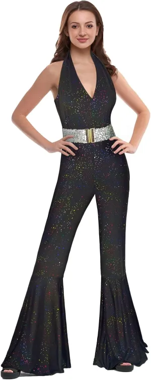 Womens 70s Jumpsuit Disco Costumes sparkly Party Outfits