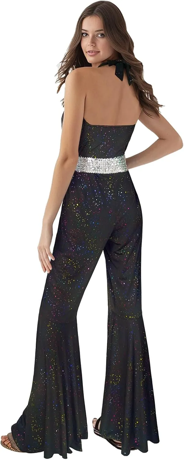 Womens 70s Jumpsuit Disco Costumes sparkly Party Outfits