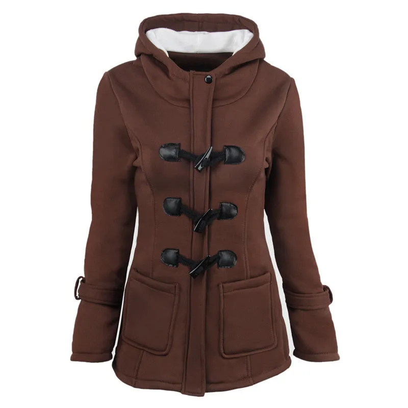 Women's Coat Horn Button Overcoat Female Cardigan Thick Mid-length Hooded Jacket