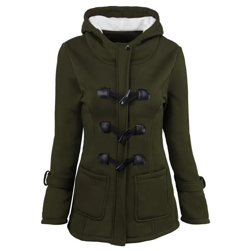 Women's Coat Horn Button Overcoat Female Cardigan Thick Mid-length Hooded Jacket