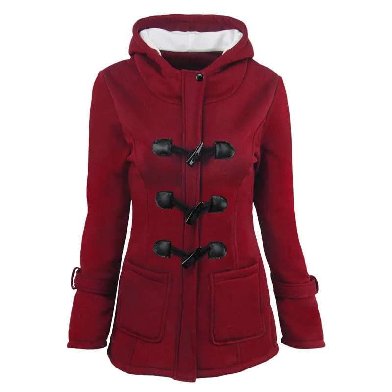 Women's Coat Horn Button Overcoat Female Cardigan Thick Mid-length Hooded Jacket