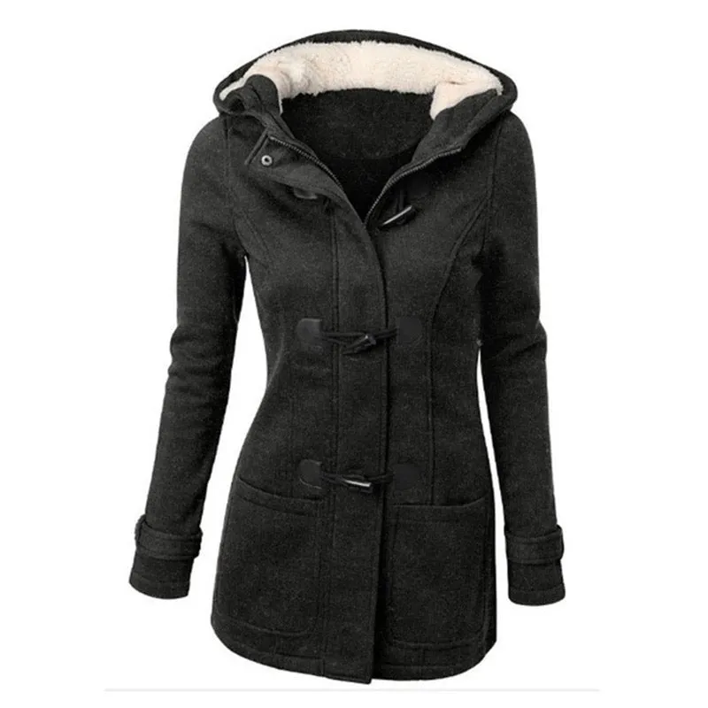 Women's Coat Horn Button Overcoat Female Cardigan Thick Mid-length Hooded Jacket