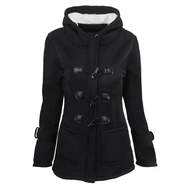 Women's Coat Horn Button Overcoat Female Cardigan Thick Mid-length Hooded Jacket